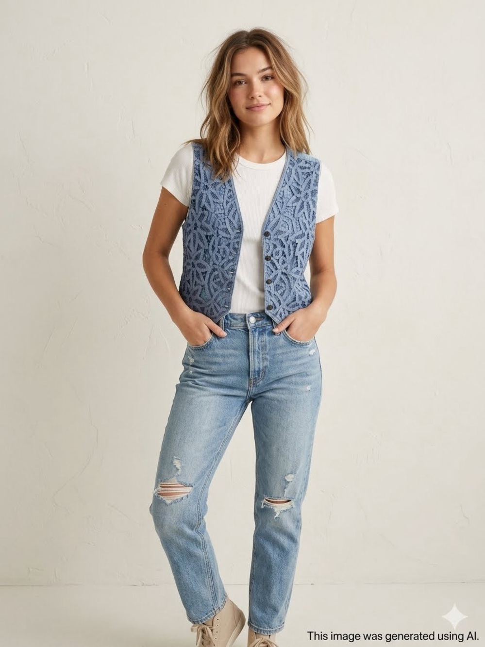 Vintage Galliano Fairy Denim Vest Blue Lace Overlay Button Front Boho M